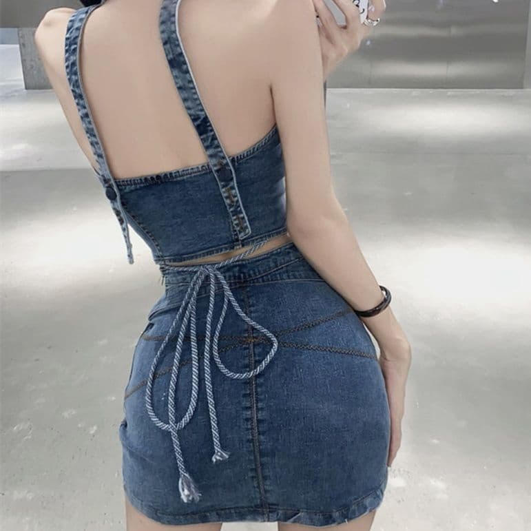 デニムセットアップ キャミ風トップス×タイトミニスカート 華奢見えタイトフィット2点セット
