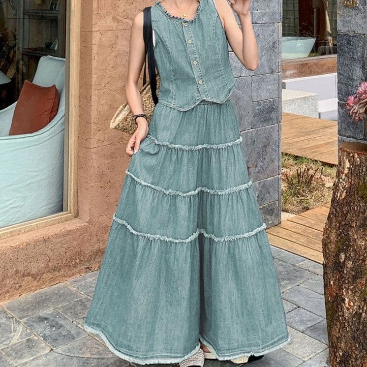 デニムセットアップ デニムベスト&ティアードフレアスカート ゆったり夏映え 大人フェミニン2点セット