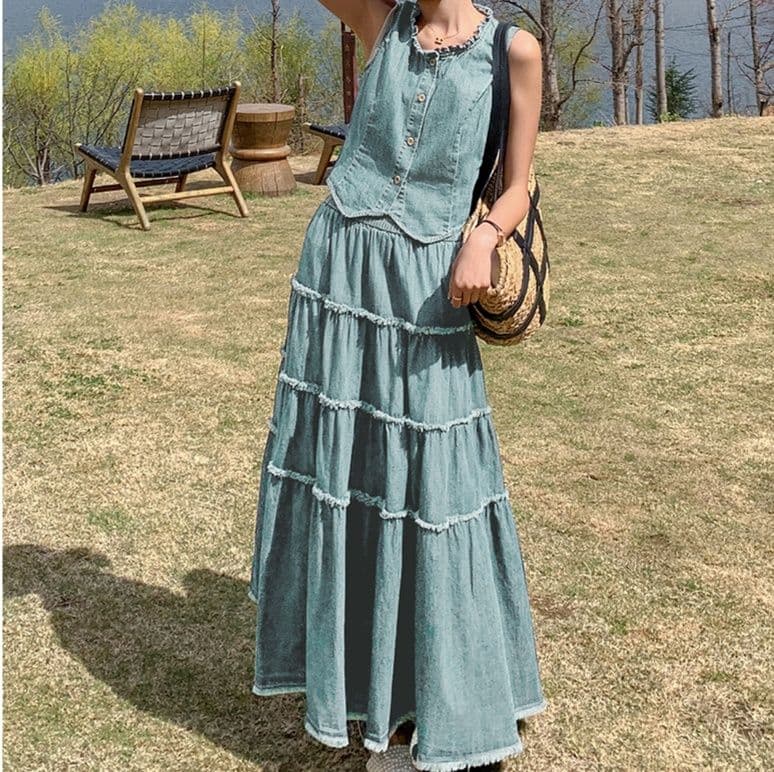 デニムセットアップ デニムベスト&ティアードフレアスカート ゆったり夏映え 大人フェミニン2点セット