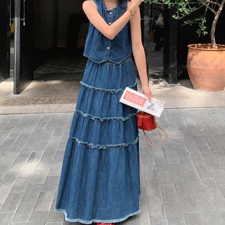 デニムセットアップ デニムベスト&ティアードマキシスカート 夏向けフェミニン2点セット