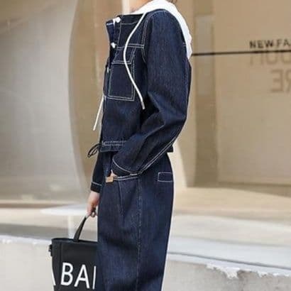 ワーク風ショートデニムジャケット&ワイドパンツ 小柄さん向け 細見え欧風カジュアルセットアップ