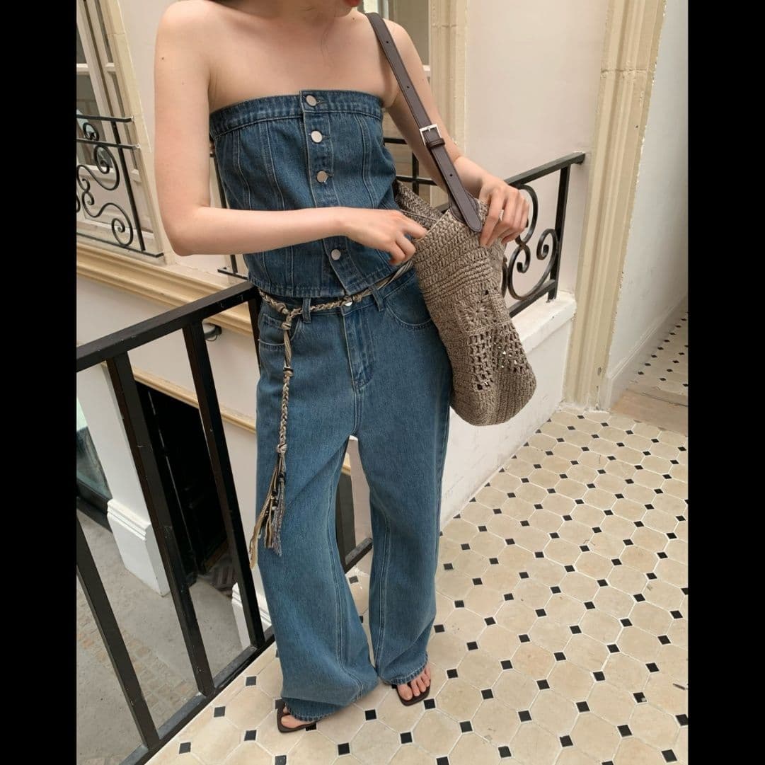 デニムセットアップ ビスチェトップス×ワイドパンツ ヘルシーカジュアル2点セット