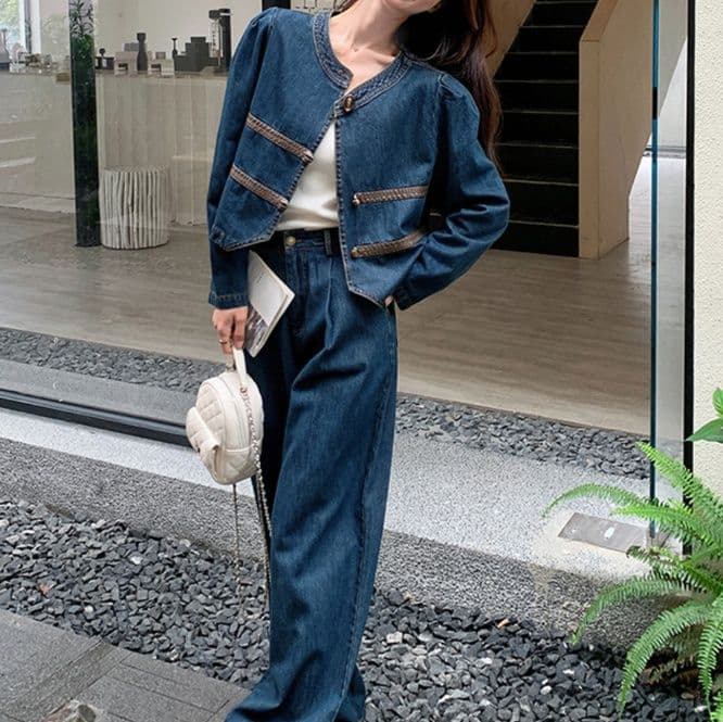 ノーカラーショートジャケット&ワイドパンツ 着回し万能 上品垢抜けデニムセットアップ