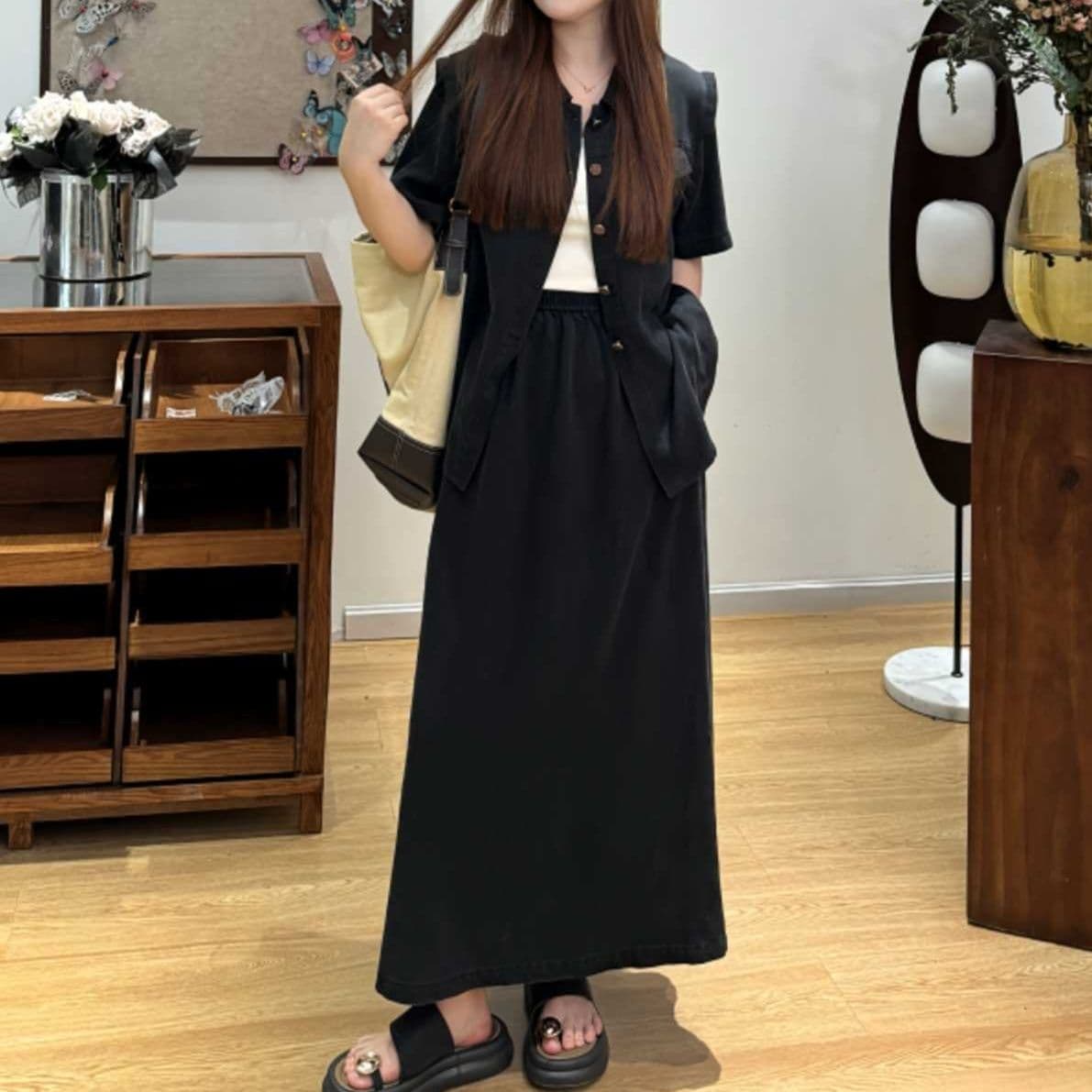 ゆったり半袖ジャケット&ロングスカート 大きめサイズの高見えブラックデニムセットアップ