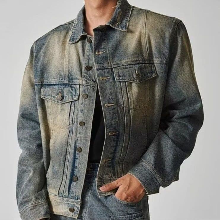 ウォッシュ加工デニムジャケット×ストレートパンツ メンズ向け ヴィンテージ風ハイストリートセットアップ