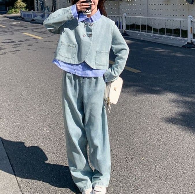 デニムセットアップ レイヤード風ジャケット&ワイドパンツ 塩系ゆるカジ2点セット