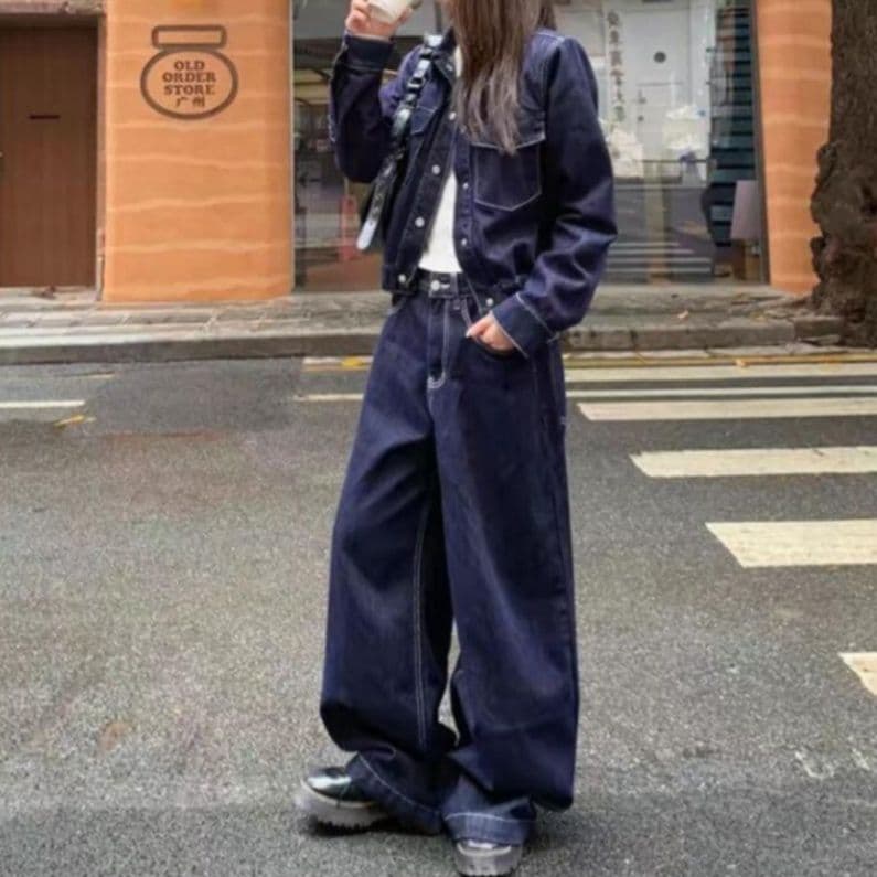 細見えデニムジャケット&ワイドロングパンツ 小柄さん向け 高見え濃紺デニムセットアップ(上下別売り)