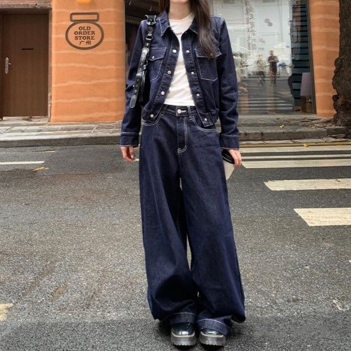 細見えデニムジャケット&ワイドロングパンツ 小柄さん向け 高見え濃紺デニムセットアップ(上下別売り)