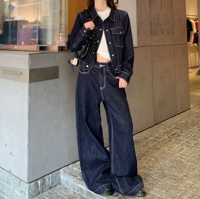 細見えデニムジャケット&ワイドロングパンツ 小柄さん向け 高見え濃紺デニムセットアップ(上下別売り)