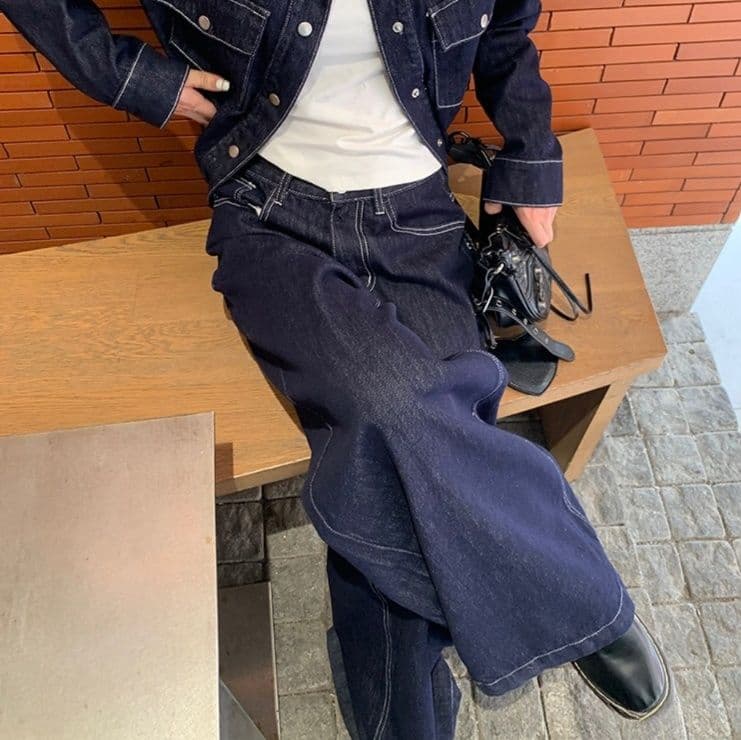 細見えデニムジャケット&ワイドロングパンツ 小柄さん向け 高見え濃紺デニムセットアップ(上下別売り)