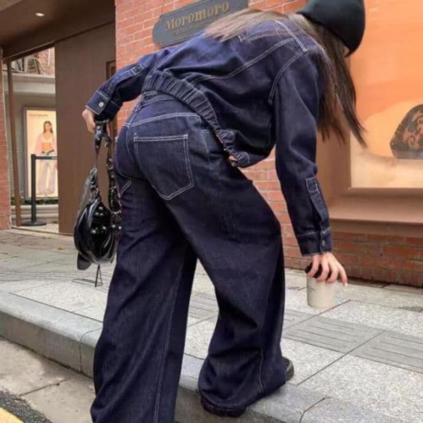 細見えデニムジャケット&ワイドロングパンツ 小柄さん向け 高見え濃紺デニムセットアップ(上下別売り)