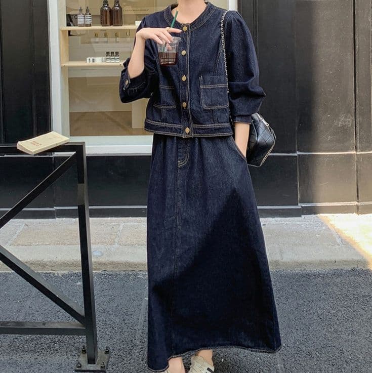 ノーカラーデニムジャケット&フレアロングスカート 上品ディテール きれいめ濃紺セットアップ