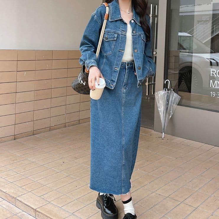 ゆったりデニム長袖ジャケット×バックスリットロングスカート スタイリング自在 大人カジュアルセットアップ