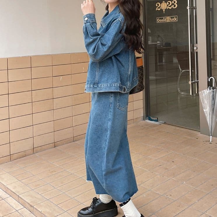 ゆったりデニム長袖ジャケット×バックスリットロングスカート スタイリング自在 大人カジュアルセットアップ