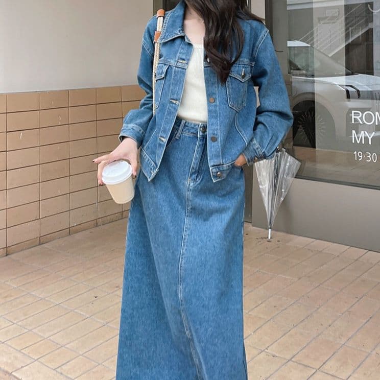 ゆったりデニム長袖ジャケット×バックスリットロングスカート スタイリング自在 大人カジュアルセットアップ