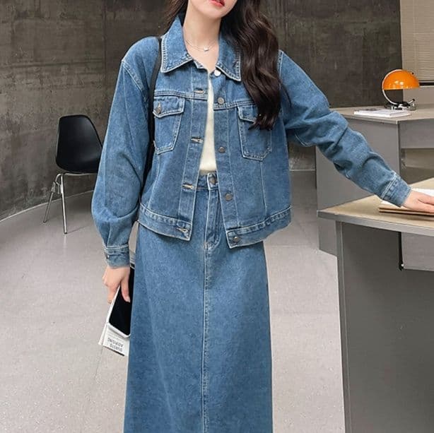 ゆったりデニム長袖ジャケット×バックスリットロングスカート スタイリング自在 大人カジュアルセットアップ