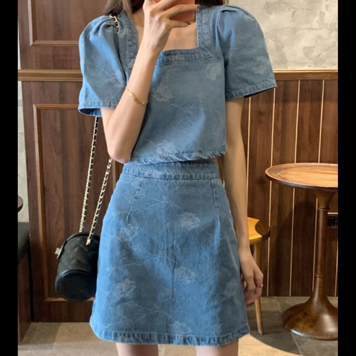 デニムセットアップ ローズパターンショートトップス&台形ミニスカート 大人フェミニン2点セット