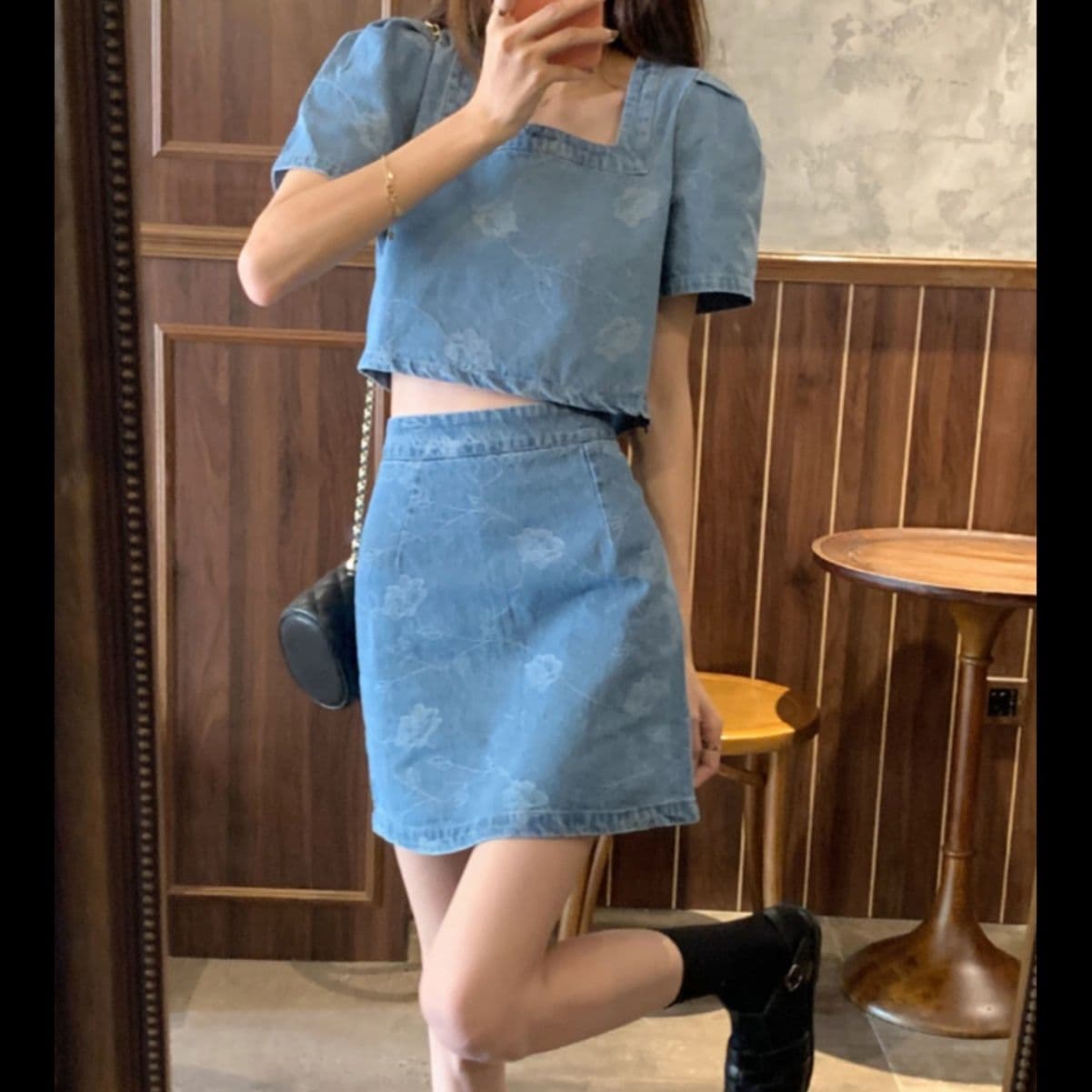 デニムセットアップ ローズパターンショートトップス&台形ミニスカート 大人フェミニン2点セット