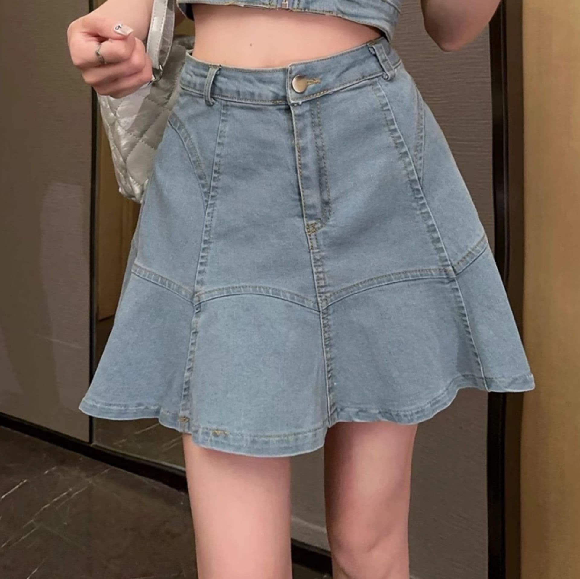 デニムセットアップ フロントジップキャミトップス×フレアミニスカート 夏のフェミカジ2点セット