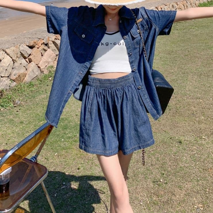 デニムセットアップ クラシカル半袖シャツ&ワイドショートパンツ 夏向け ゆったり爽やか上下セット