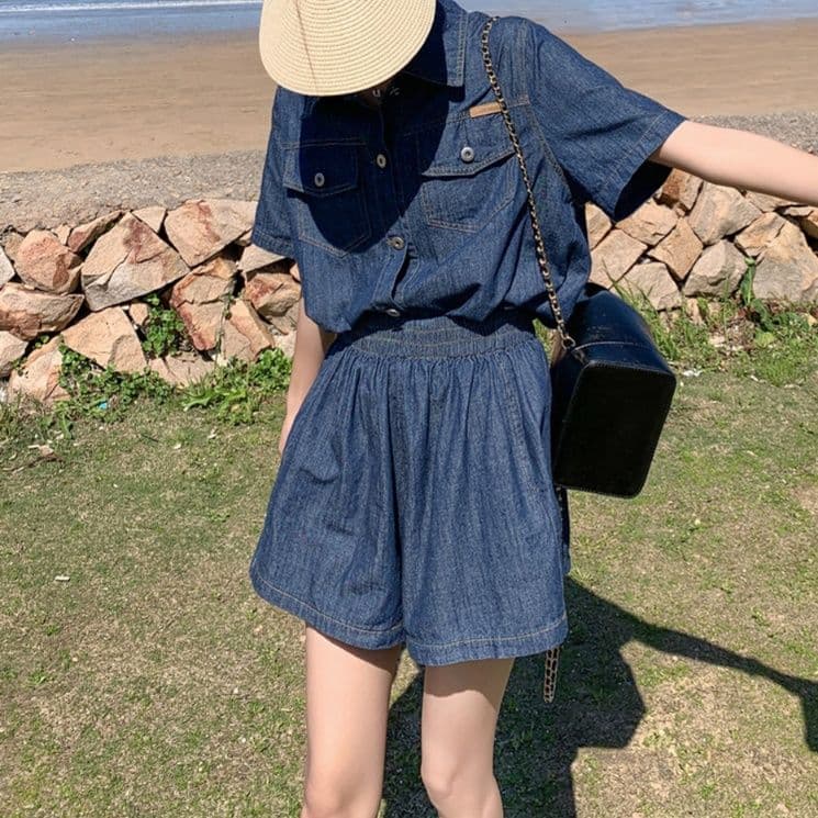 デニムセットアップ クラシカル半袖シャツ&ワイドショートパンツ 夏向け ゆったり爽やか上下セット