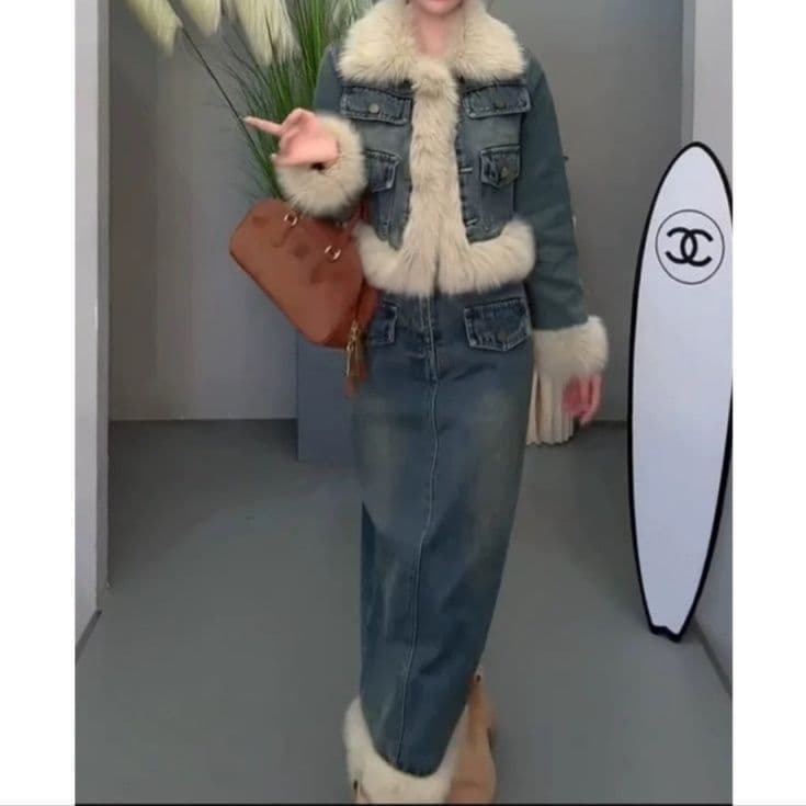 ふわもこファー付きデニムジャケット×タイトミニ&ロングスカート あったか中綿 冬映えギャル系セットアップ