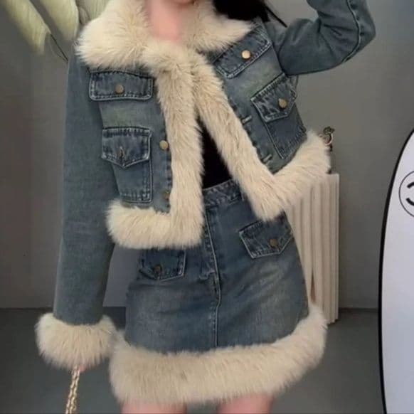 ふわもこファー付きデニムジャケット×タイトミニ&ロングスカート あったか中綿 冬映えギャル系セットアップ
