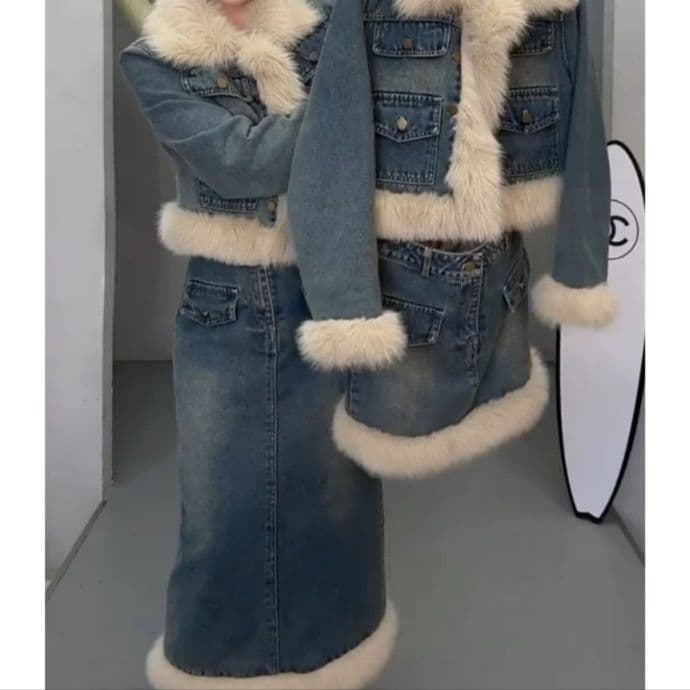 ふわもこファー付きデニムジャケット×タイトミニ&ロングスカート あったか中綿 冬映えギャル系セットアップ