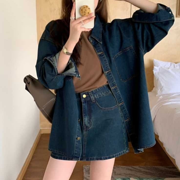 デニムセットアップ ゆったり長袖シャツジャケット&ミニスカート レトロフェミニン 細見え2点セット