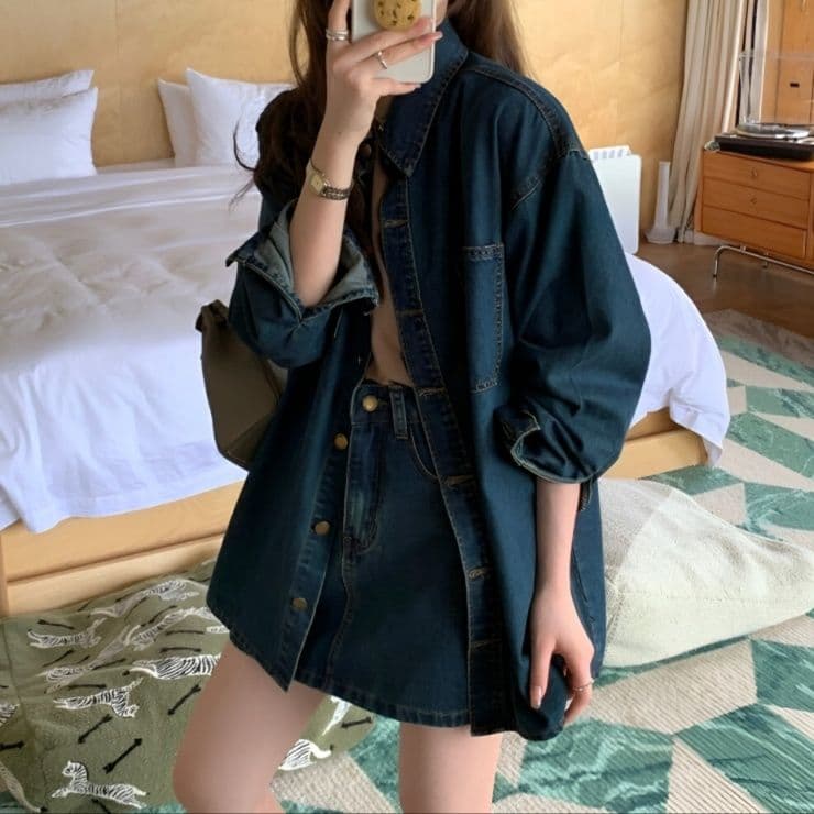 デニムセットアップ ゆったり長袖シャツジャケット&ミニスカート レトロフェミニン 細見え2点セット
