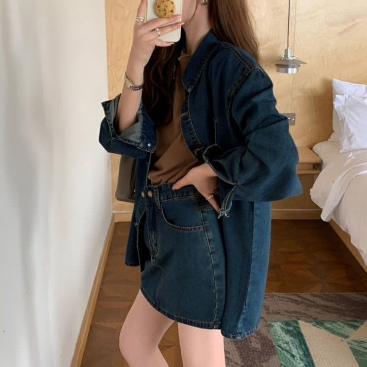 デニムセットアップ ゆったり長袖シャツジャケット&ミニスカート レトロフェミニン 細見え2点セット