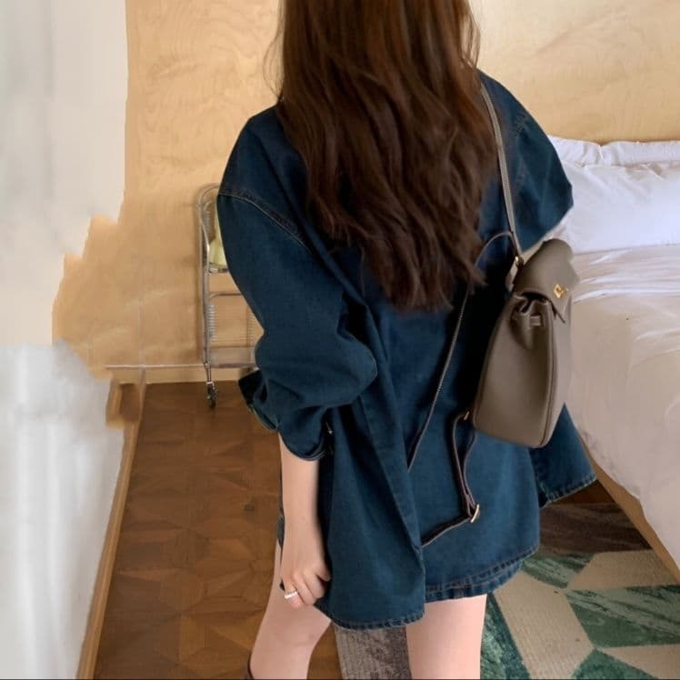 デニムセットアップ ゆったり長袖シャツジャケット&ミニスカート レトロフェミニン 細見え2点セット