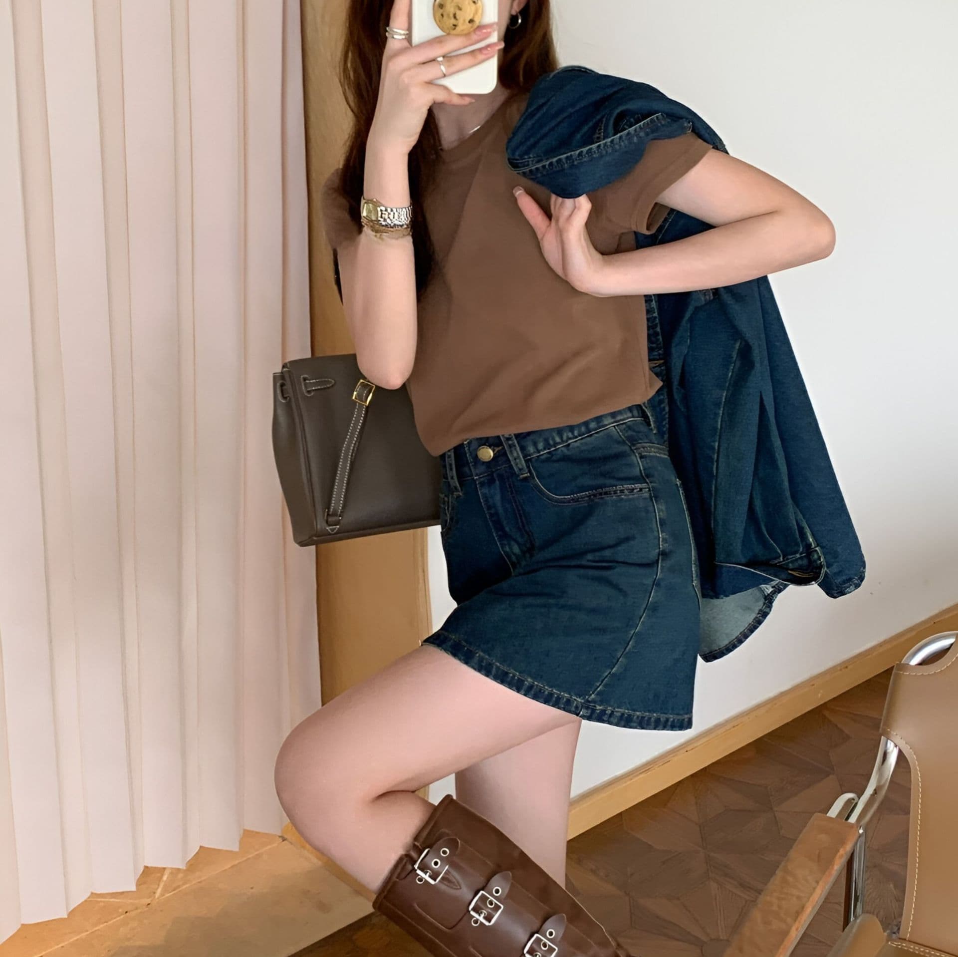 デニムセットアップ ゆったり長袖シャツジャケット&ミニスカート レトロフェミニン 細見え2点セット