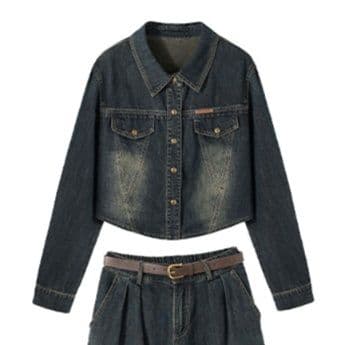 シンプルコンパクトジャケット&ワイドパンツ クール可愛い 上品細見えデニムセットアップ