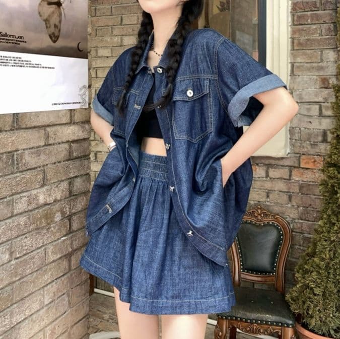デニムセットアップ ゆったり薄手半袖シャツ&ショートパンツ 夏のレトロ塩系2点セット