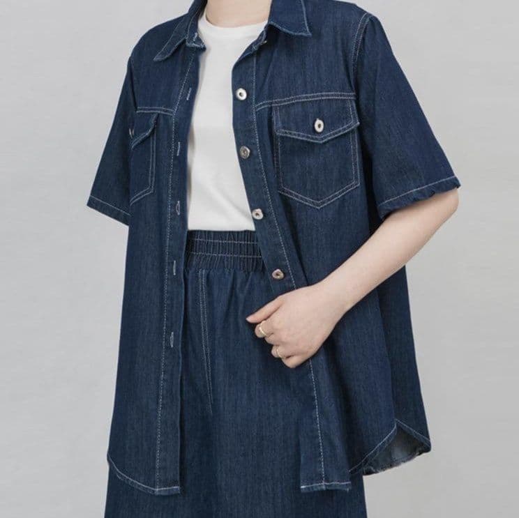 デニムセットアップ ステッチ半袖シャツ&ショートパンツ 大人かわいい万能上下セット