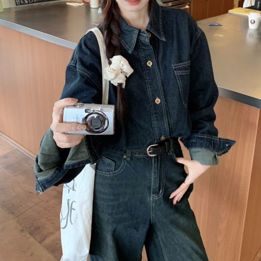 デニムセットアップ ヴィンテージ風長袖シャツ&ハイウエストワイドパンツ 大人カジュアル上下セット
