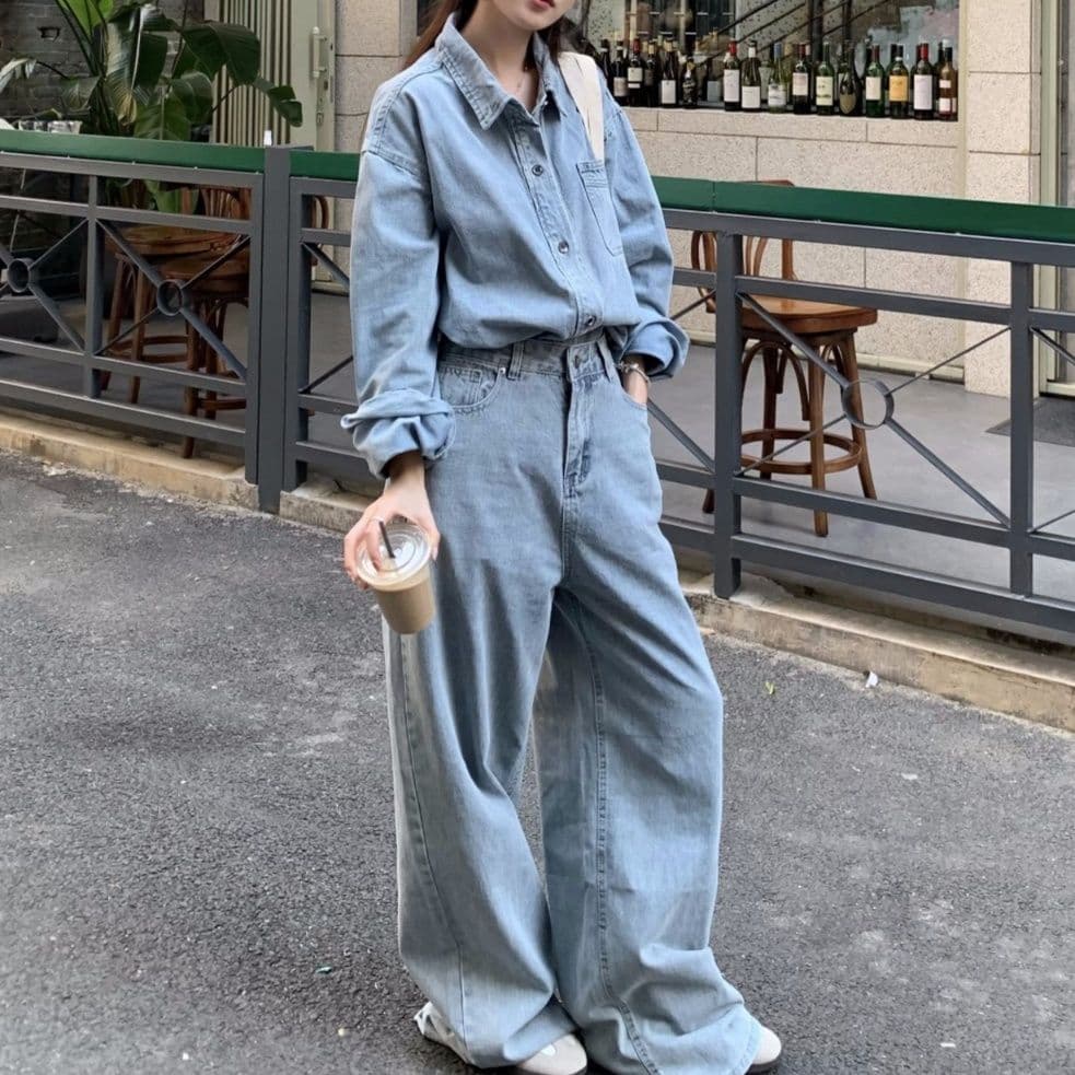 デニムセットアップ ヴィンテージ風長袖シャツ&ハイウエストワイドパンツ 大人カジュアル上下セット