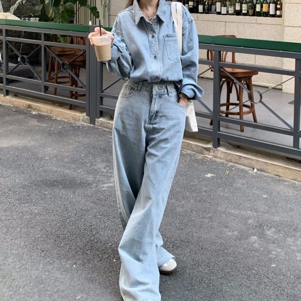 デニムセットアップ ヴィンテージ風長袖シャツ&ハイウエストワイドパンツ 大人カジュアル上下セット