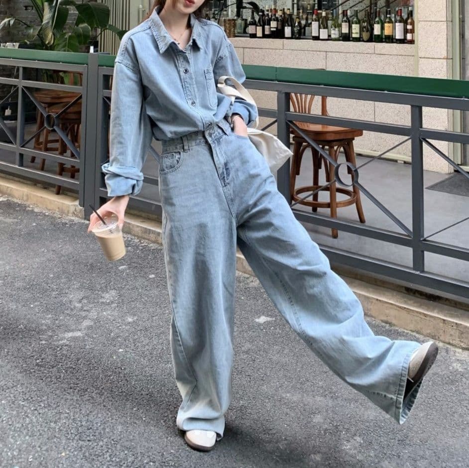 デニムセットアップ ヴィンテージ風長袖シャツ&ハイウエストワイドパンツ 大人カジュアル上下セット