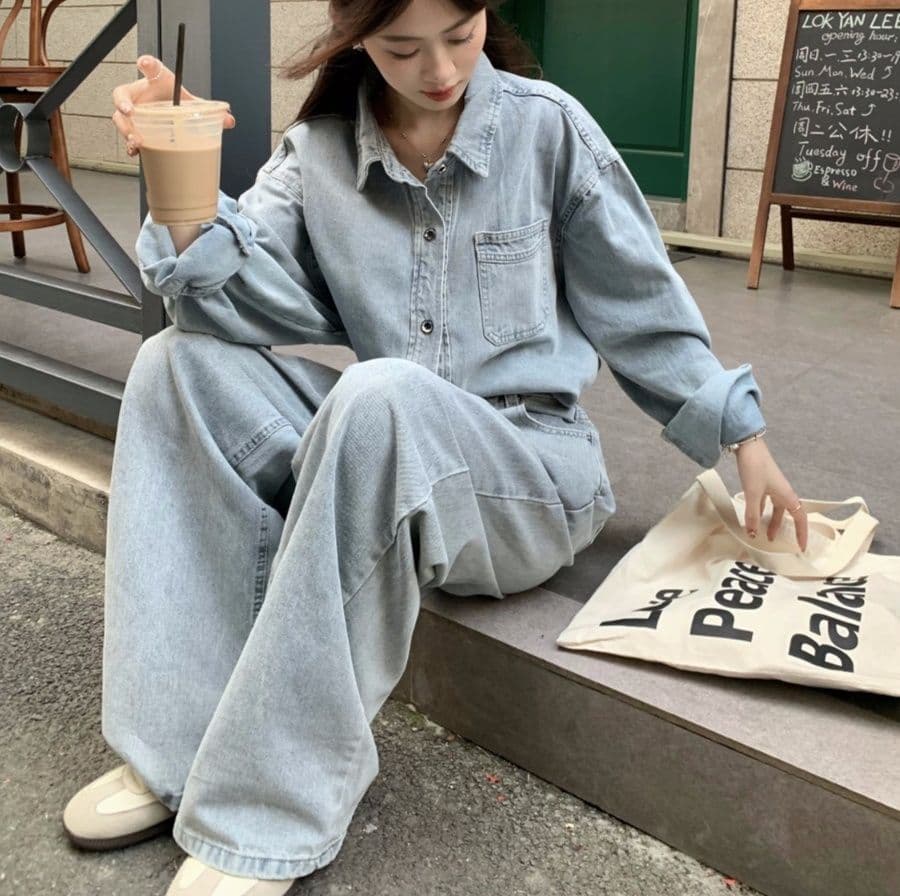 デニムセットアップ ヴィンテージ風長袖シャツ&ハイウエストワイドパンツ 大人カジュアル上下セット