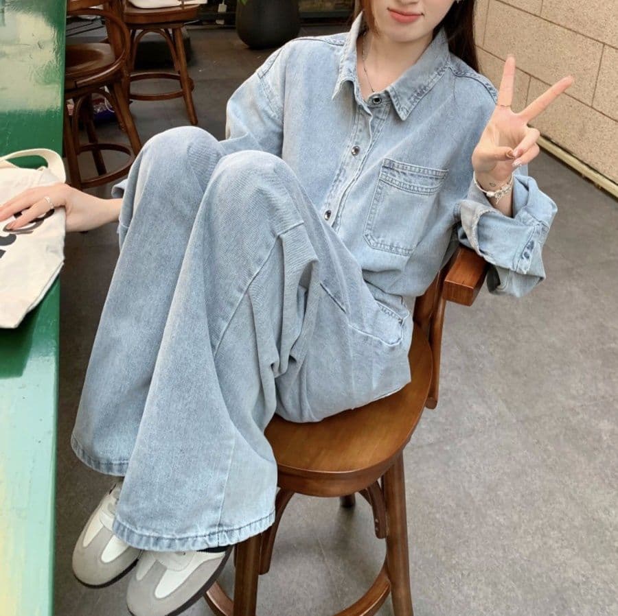 デニムセットアップ ヴィンテージ風長袖シャツ&ハイウエストワイドパンツ 大人カジュアル上下セット
