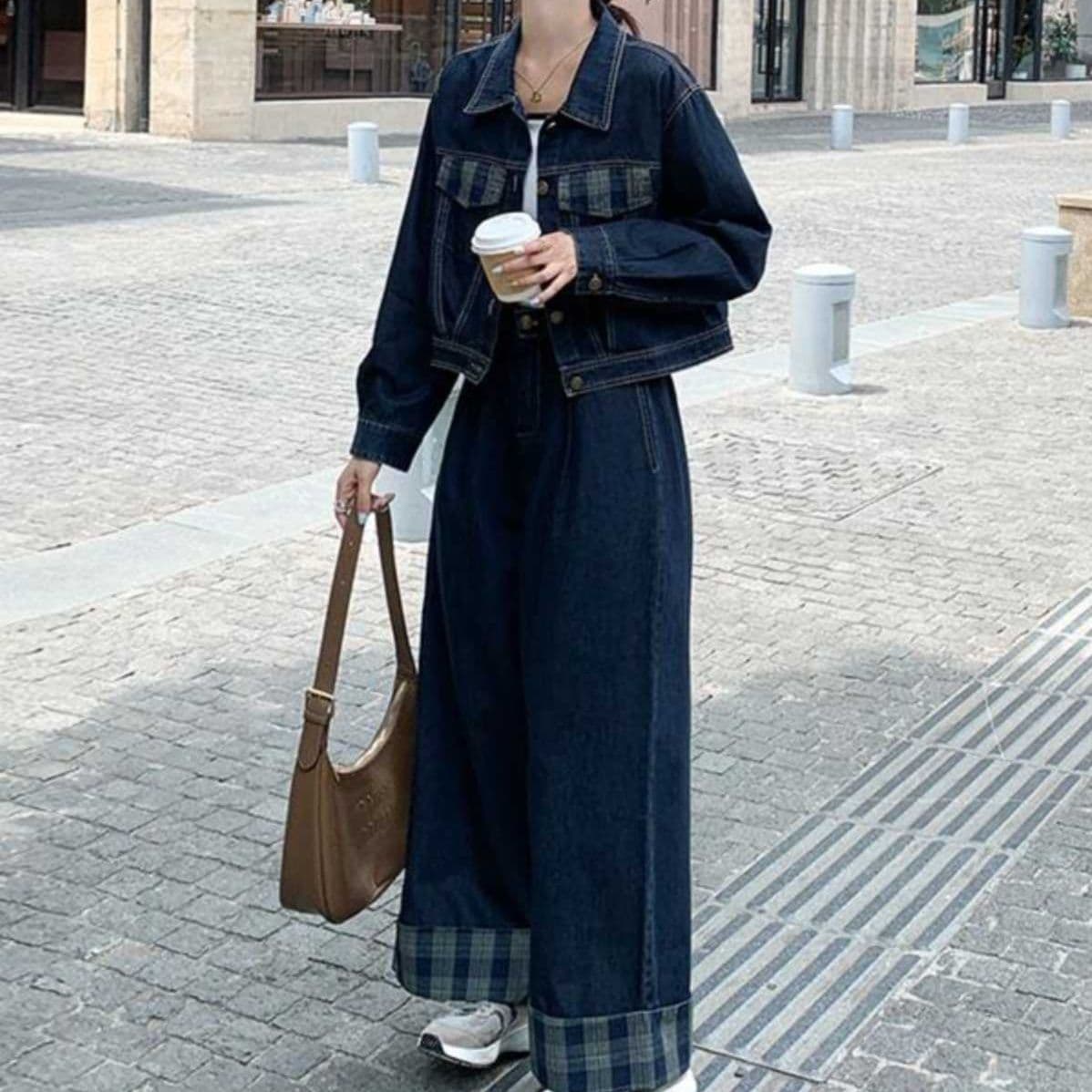 デニムセットアップ チェック切替ショートジャケット・ワイドパンツ 小柄さん向け 大人カジュアル2点セット