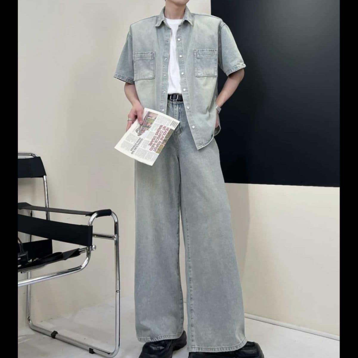 デニムセットアップ ウォッシュ加工半袖シャツ×ワイドレッグパンツ メンズ向け ゆったり個性派セット