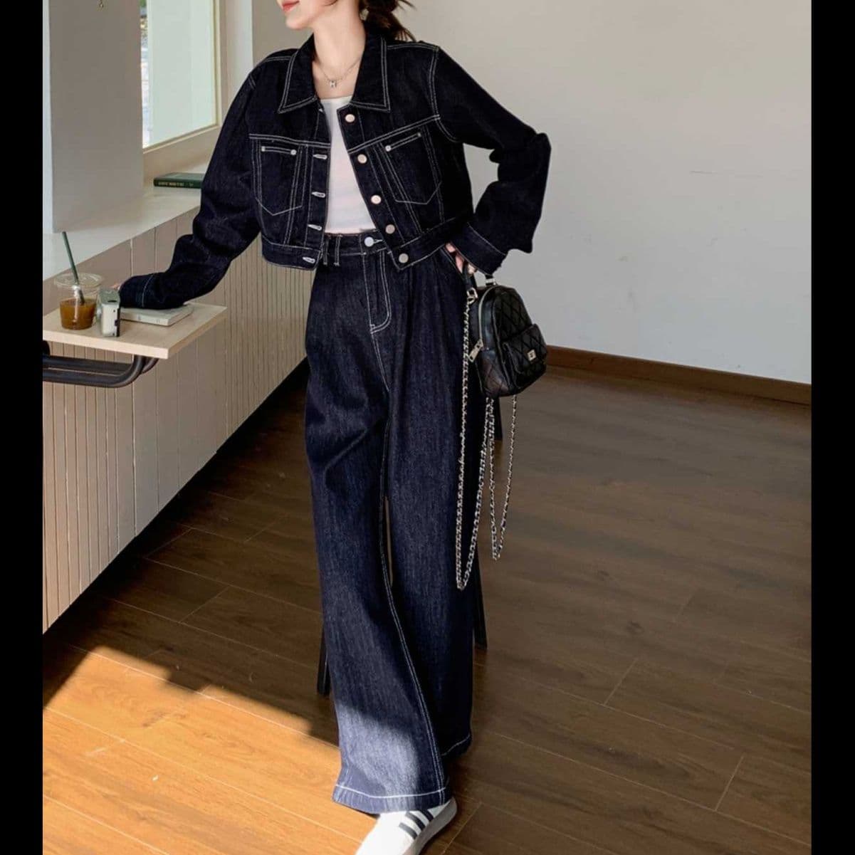 デニムセットアップ 白ステッチショートジャケット×ワイドパンツ 上品高見え 塩系レトロ2点セット