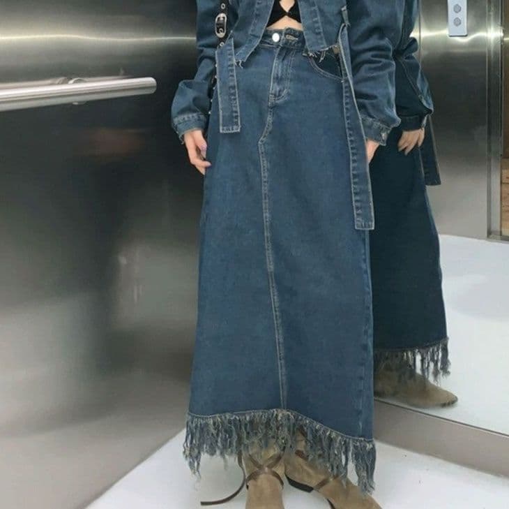 ゆったりショートデニムジャケット&裾フリンジロングスカート 香港風レトロフェミニンセットアップ