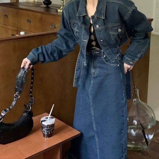 ゆったりショートデニムジャケット&裾フリンジロングスカート 香港風レトロフェミニンセットアップ