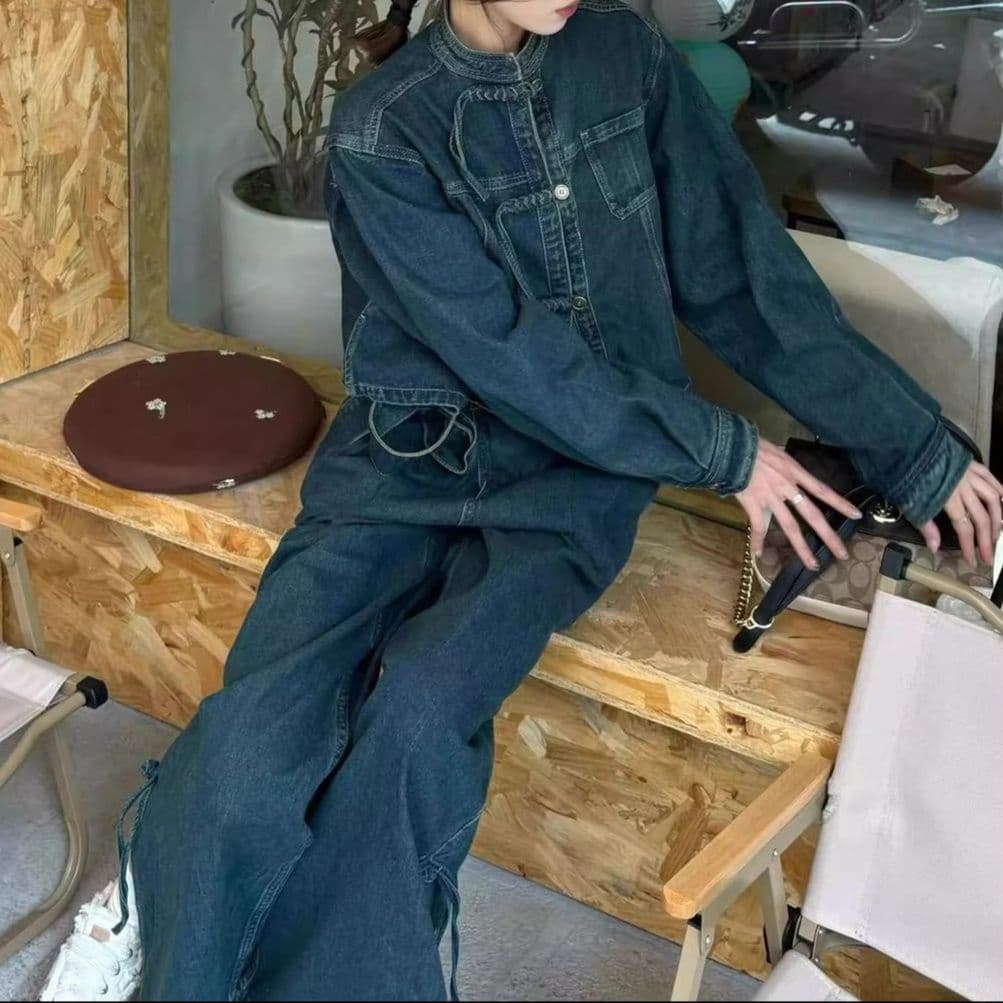 モダンチャイナデニムジャケット&ワイドパンツ 上品レトロ 個性派カジュアルセットアップ