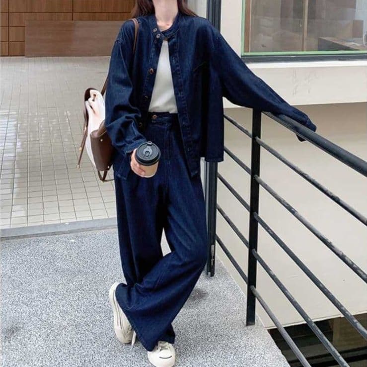 デニムセットアップ ノーカラージャケット&ハイウエストワイドパンツ 塩系ゆるカジュアルセット
