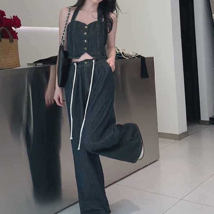 デニムセットアップ ボタンデザインビスチェトップス&ワイドストレートパンツ レトロ細見え きれいめカジュアル2点セット